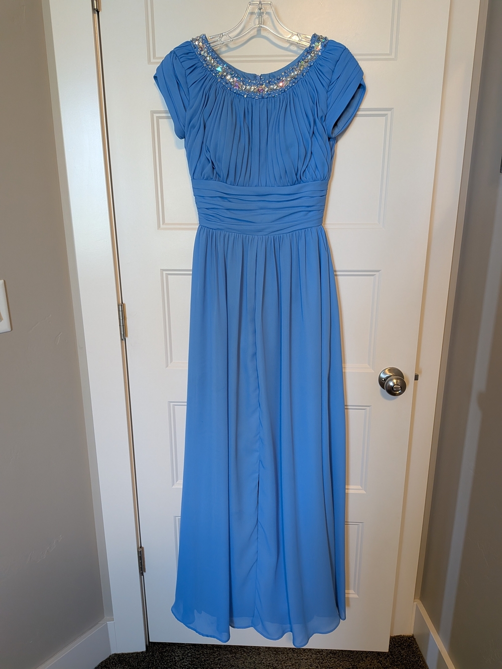 Symphony Sky Blue Beaded Neckline Prom Gown